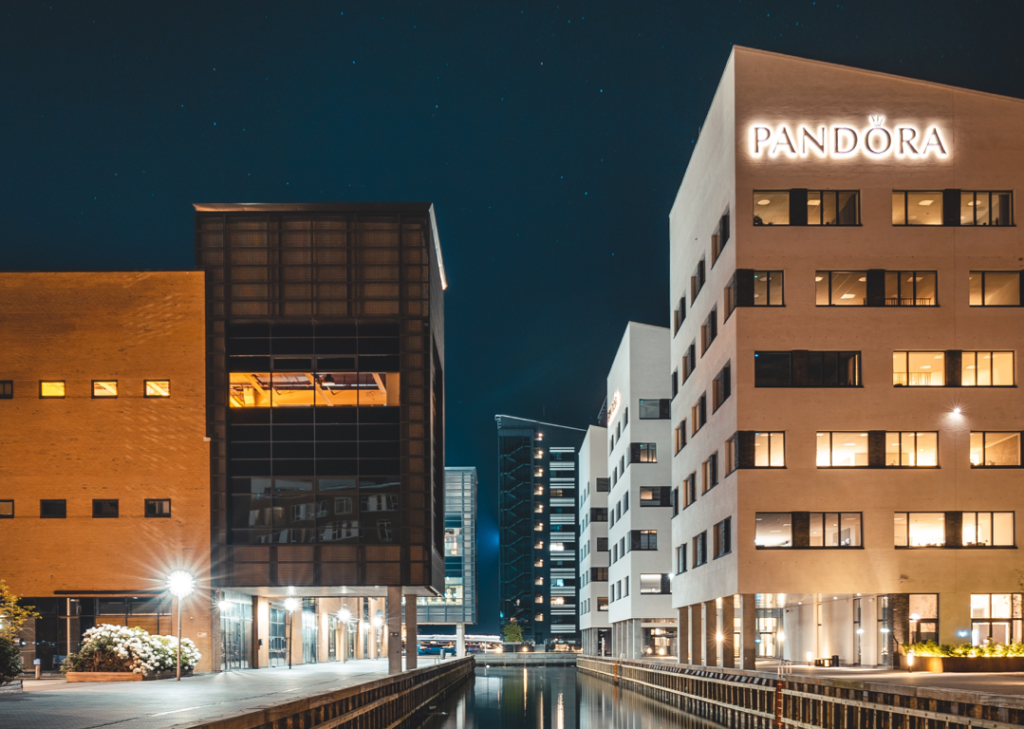 pandora building at night time